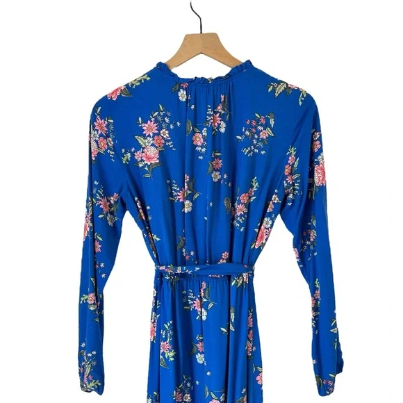 Loft Floral Tiered Maxi Dress Blue Long Balloon Sleeve Belted Full Length Size 2 - Picture 4 of 12